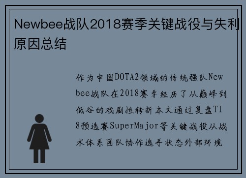 Newbee战队2018赛季关键战役与失利原因总结