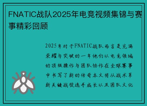 FNATIC战队2025年电竞视频集锦与赛事精彩回顾